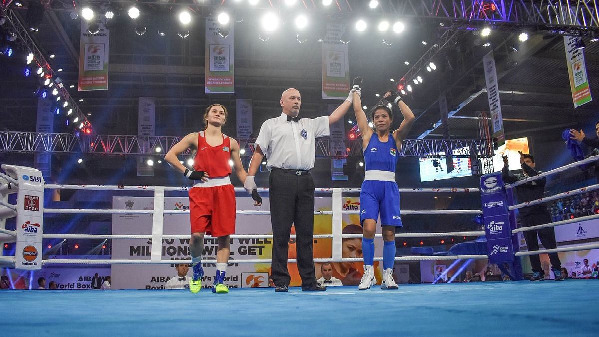 <div class="paragraphs"><p>Mary Kom donning an Indian jersey in the AIBA world championship.</p></div>