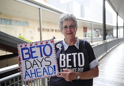 HOUSTON, Nov. 7, 2018 (Xinhua) -- Julie Love, a retired Houston teacher, poses for a photo after attending a Democratic rally for Beto O