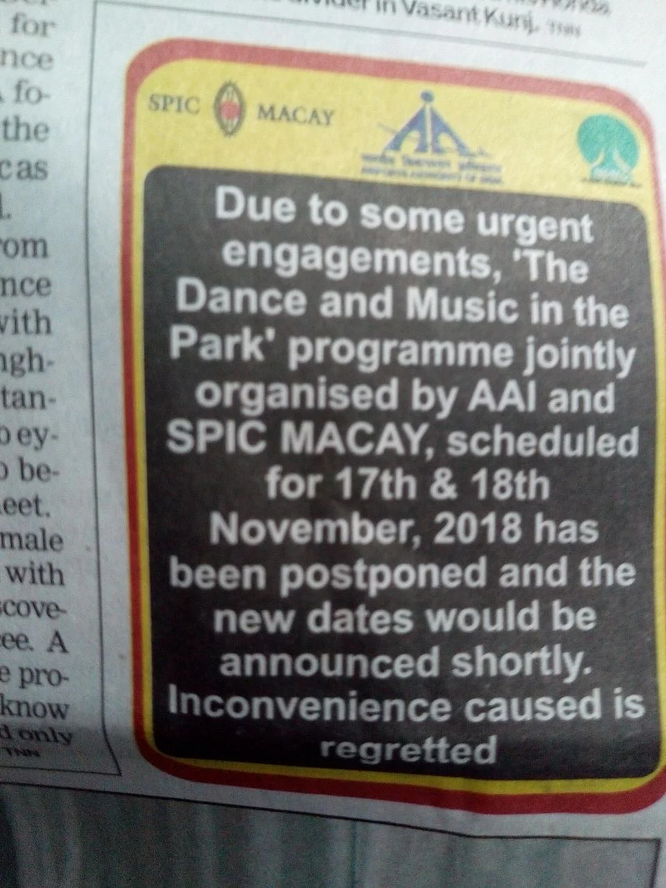 Notification carried by The Times of India on page 5 on Friday, 16 November. 