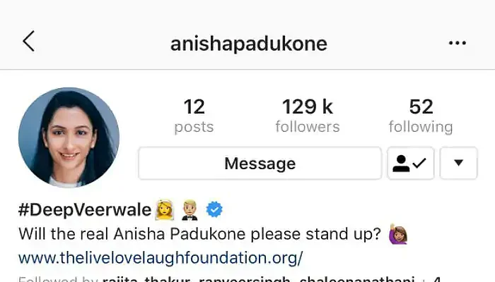 A screenshot of Anisha Padukone’s Instagram bio.