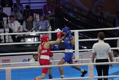 New Delhi: Indian boxer Manisha Moun and USA boxer Christina Cruz in action during the 10th AIBA Women