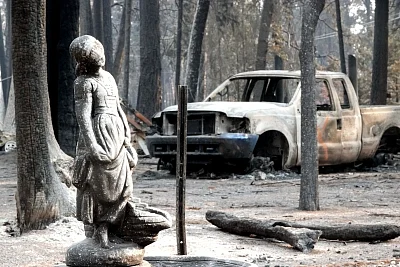 PARADISE, Nov. 20, 2018 (Xinhua) -- Photo taken on Nov. 19, 2018 shows the wreckage of vehicle in the site where the wildfire engulfed in Paradise of Butte County, California, the United States. The death toll from the massive wildfire in Northern California has climbed to 79, according to authorities. (Xinhua/Wu Xiaoling/IANS)