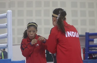 New Delhi: Indian Boxer MC Mary Kom at a practice session during the ongoing 10th AIBA Women