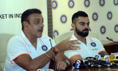 Mumbai: Indian head coach Ravi Shastri accompanied by captain Virat Kohli, addresses a press conference ahead of the team