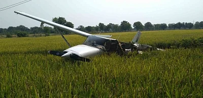 Ranga Reddy: A view of the damaged trainer plane that crashed near Mokila village of Shankarpally Mandal in Ranga Reddy district of Telangana on Nov 21, 2018. (Photo: IANS)