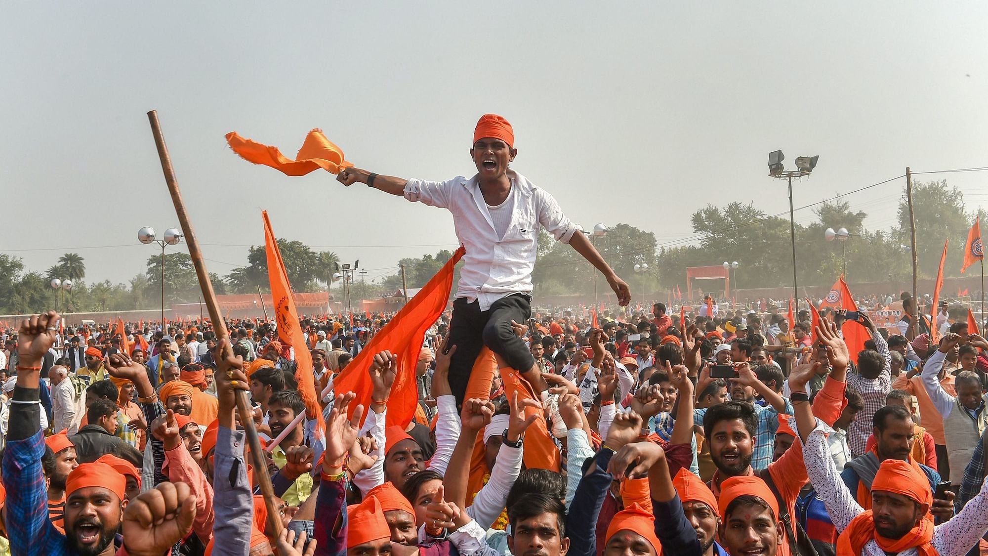 People gather in Ayodhya as the demand for a speedy construction of the Ram Temple at the disputed Babri Masjid site.