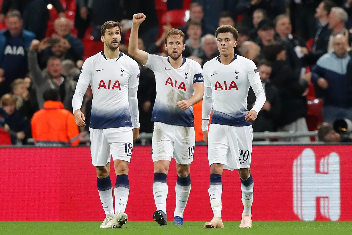 Harry Kane (center) has scored 13 goals in 14 UCL appearances for Tottenham Hotspur