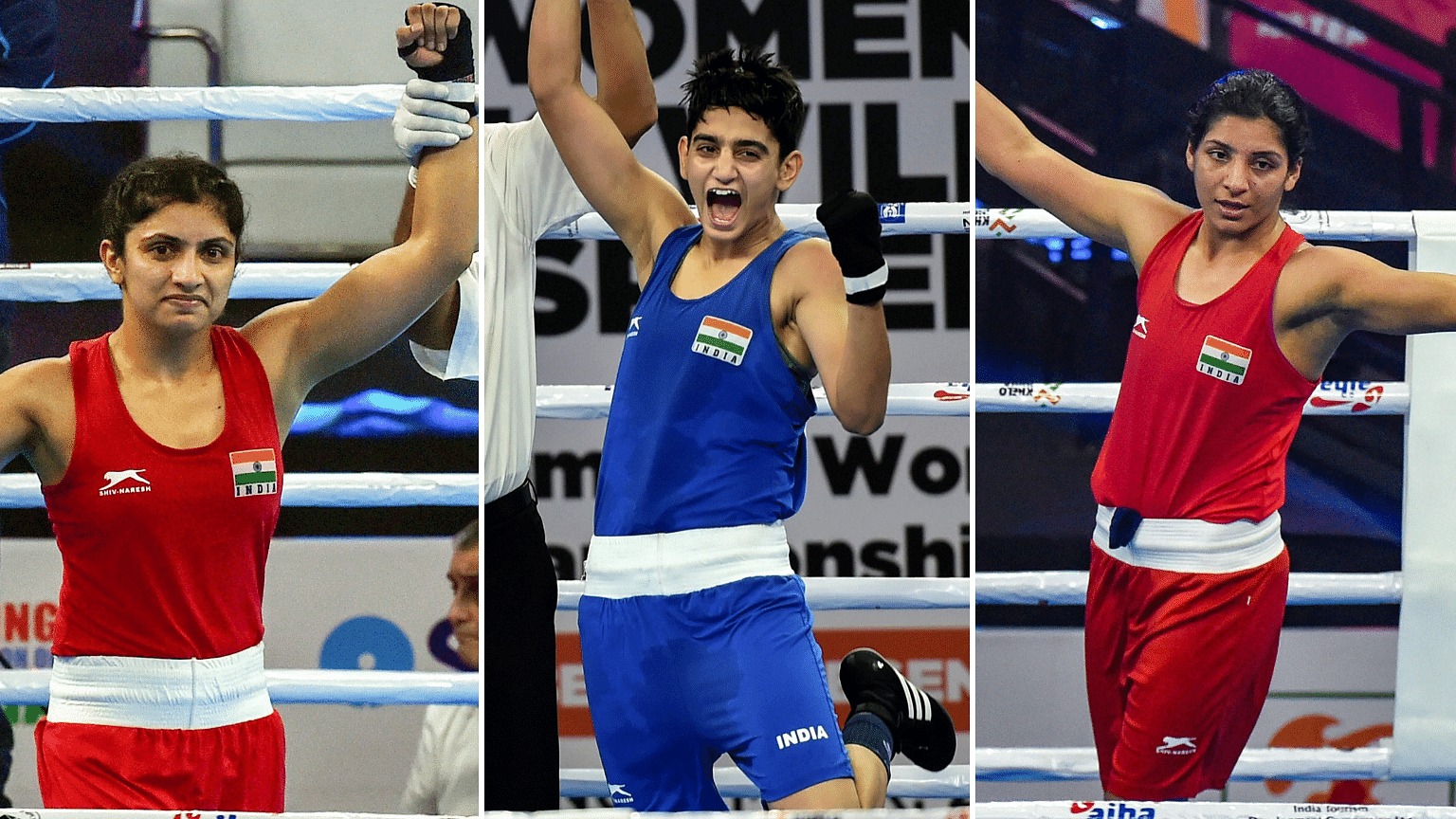 From left: Simranjit Kaur, Sonia Chahal &amp; Pinki Rani celebrate after winning their bout on Monday at the AIBA Women’s World Boxing Championships.
