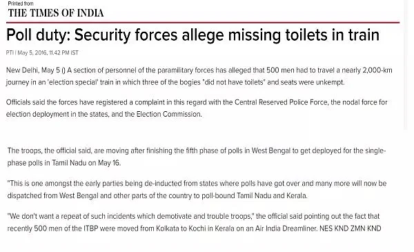Screenshot of a Times of India article from May explaining why troops had to travel by air to Kerala.