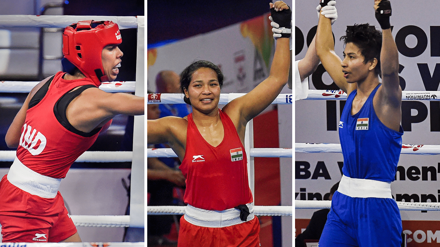 From left:  Manisha Moun, Kachari Bhagyabati and Lovlina Borgohain in action at the AIBA Women’s World Boxing Championship on Day 4 in New Delhi.