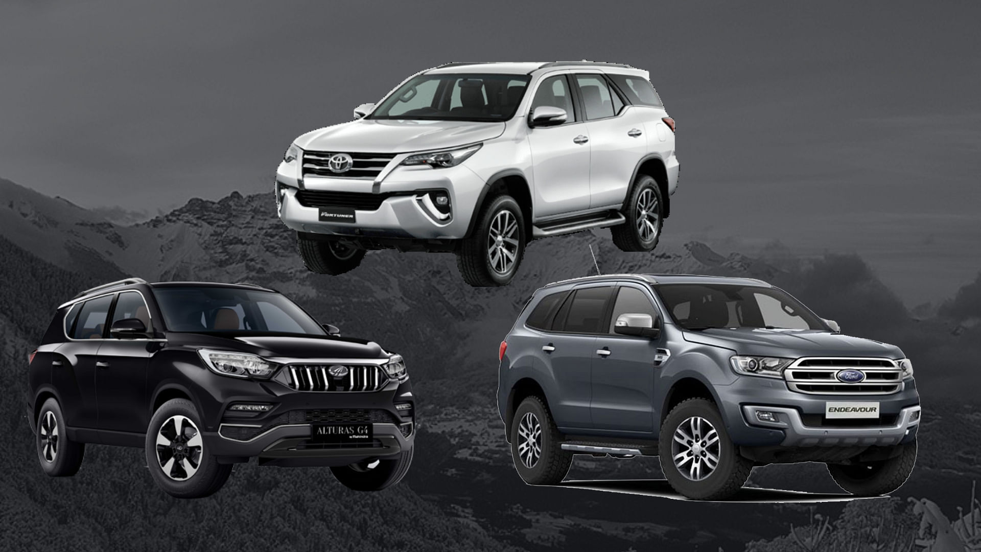The newly launched Mahindra Alturas (Left), Ford Endeavour (Right) and the Toyota Fortuner (Top)