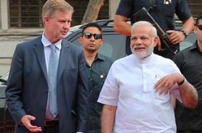 Erik Solheim, who has resigned as the executive director of the United Nations Environment Programmed on Tuesday, Nov. 20, 2018, is seen with Prime Minister Narendra Modi during a visit to India. (Photo: UNEP)