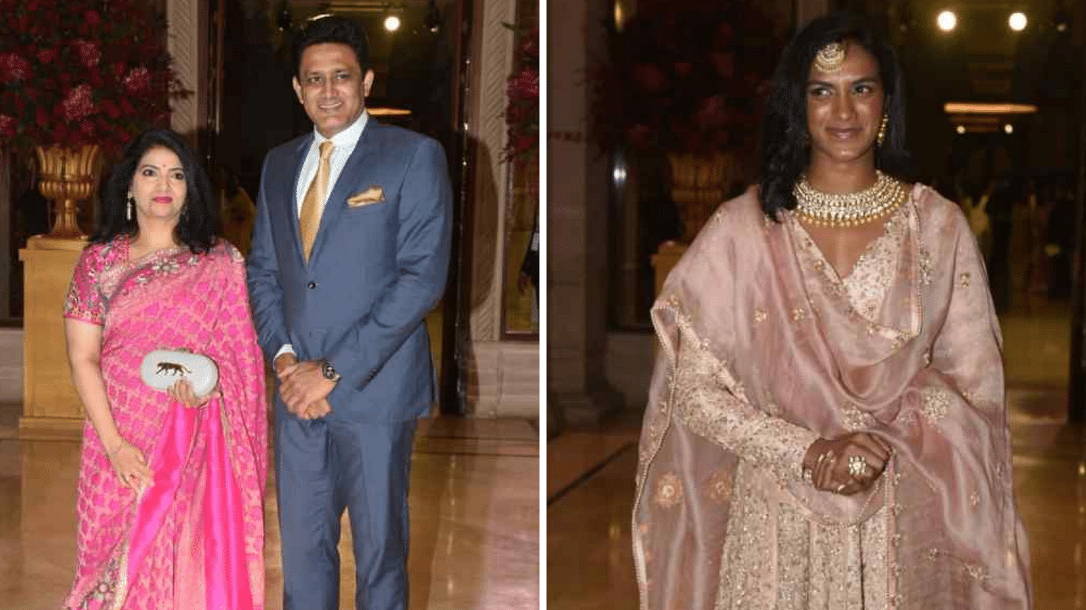 Anil Kumble with his wife Chethana and PV Sindhu (right) at the reception of Ranveer Singh and Deepika Padukone on Wednesday in Bengaluru.&nbsp;