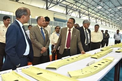 Bengaluru: (HR)-HAL Director and NAeL Chairman V.M. Chamola, Helicopter Division-HAL Executive Director V. Natarajan, NAeL CEO R.K Mishra and other dignitaries during structural assembly shop for the production of Dhruv helicopter structures, in Bengaluru, on  Nov 23, 2018. (Photo: IANS)