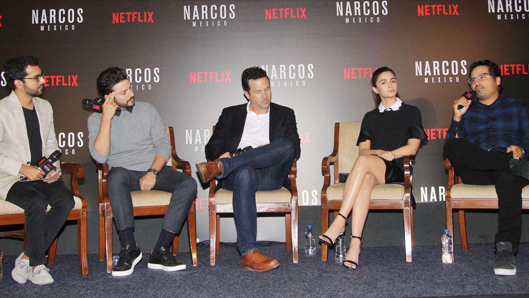 (From L to R) Shakun Batra, Diego Luna, Eric Newman, Alia Bhatt and Michael Pena at the panel discussion for <i>Narcos: Mexico</i>.