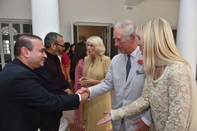 Billionaire diamond trader Nirav Modi (R) shakes hands with TRH Charles, Prince of Wales and Camilla, Duchess of Cornwall. (File Photo: IANS)