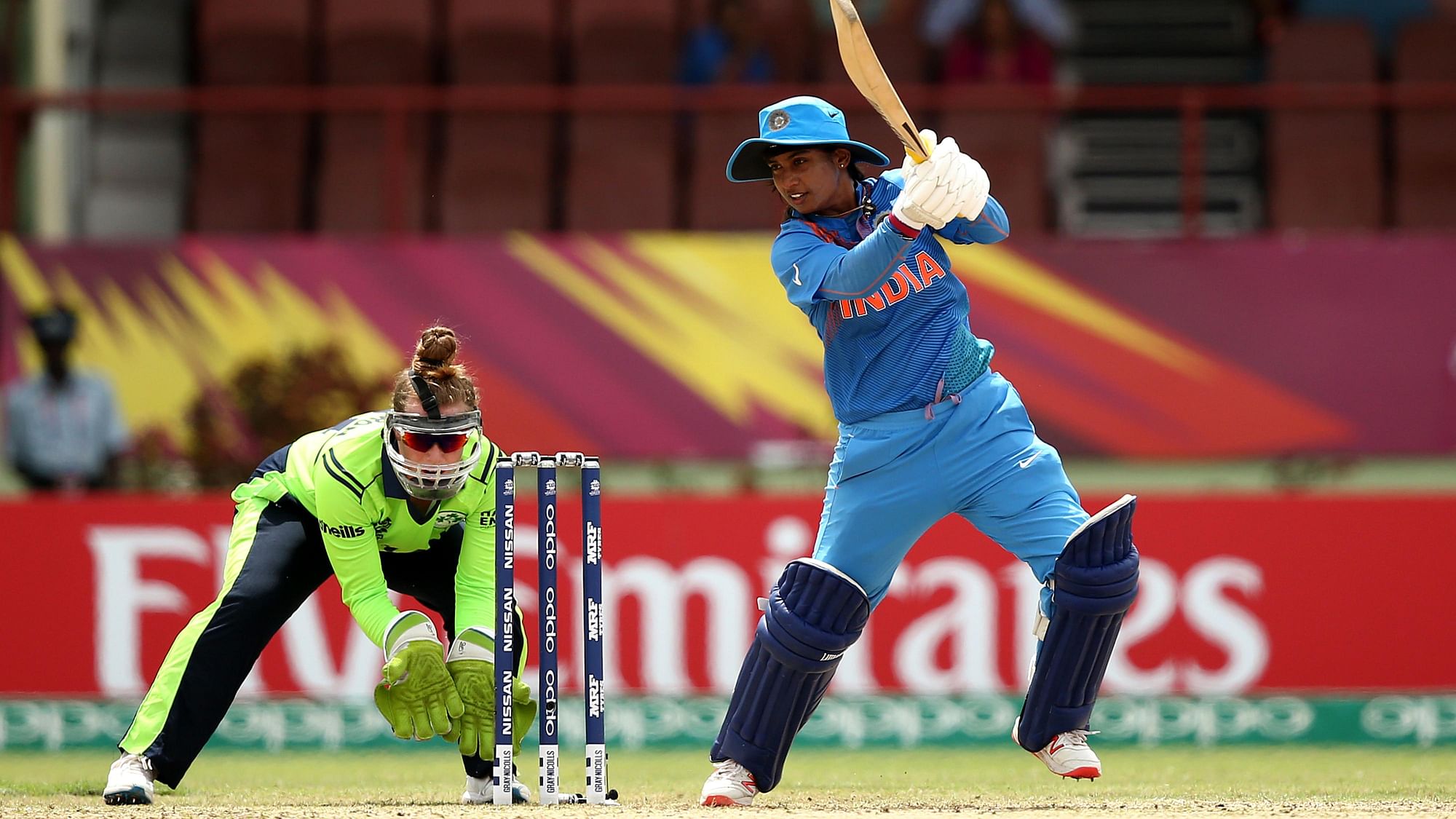 Mithali Raj plays a shot on the off-side during the World T20 match against Ireland.