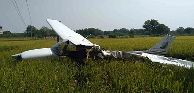 Ranga Reddy: A view of the damaged trainer plane that crashed near Mokila village of Shankarpally Mandal in Ranga Reddy district of Telangana on Nov 21, 2018. (Photo: IANS)