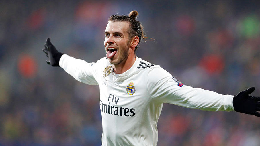 Real Madrid’s Gareth Bale celebrates after scoring against Viktoria Plzen.