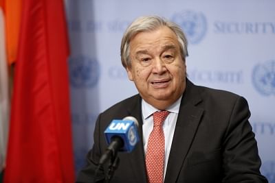 UNITED NATIONS, Nov. 2, 2018 (Xinhua) -- United Nations Secretary-General Antonio Guterres speaks to reporters at the UN headquarters in New York, Nov. 2, 2018. Guterres said Friday that half of Yemenis could face famine, and urged immediate action to prevent the already dire famine situation from getting worse. (Xinhua/Li Muzi/IANS)