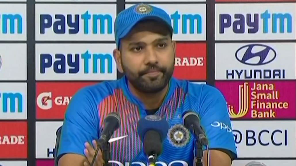 Rohit Sharma speaks to the media after India’s T20I series win over West Indies.