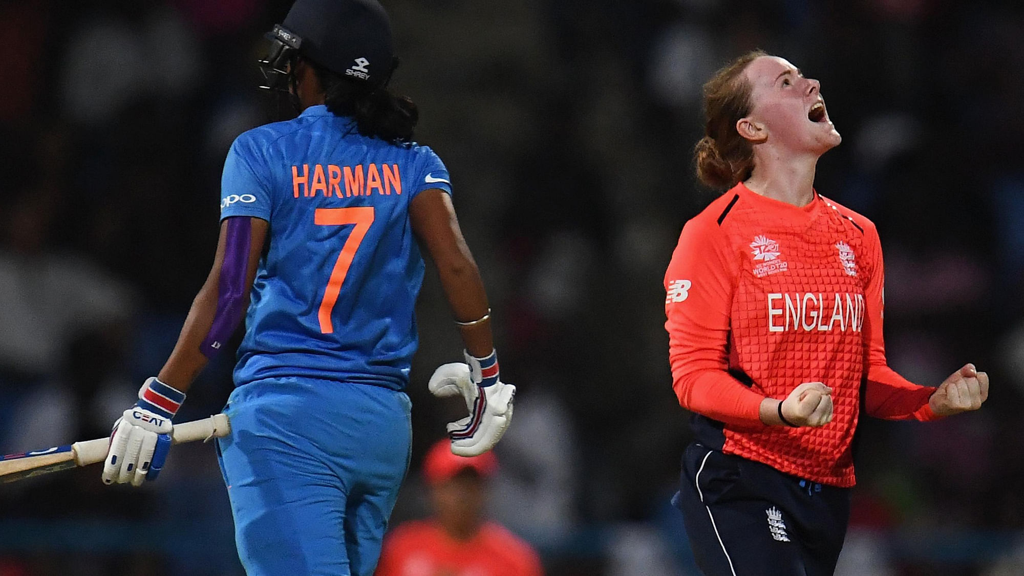 Kirstie Gordon celebrates the wicket of Harmanpreet Singh during the Women’s World T20 semi-final between England and India.