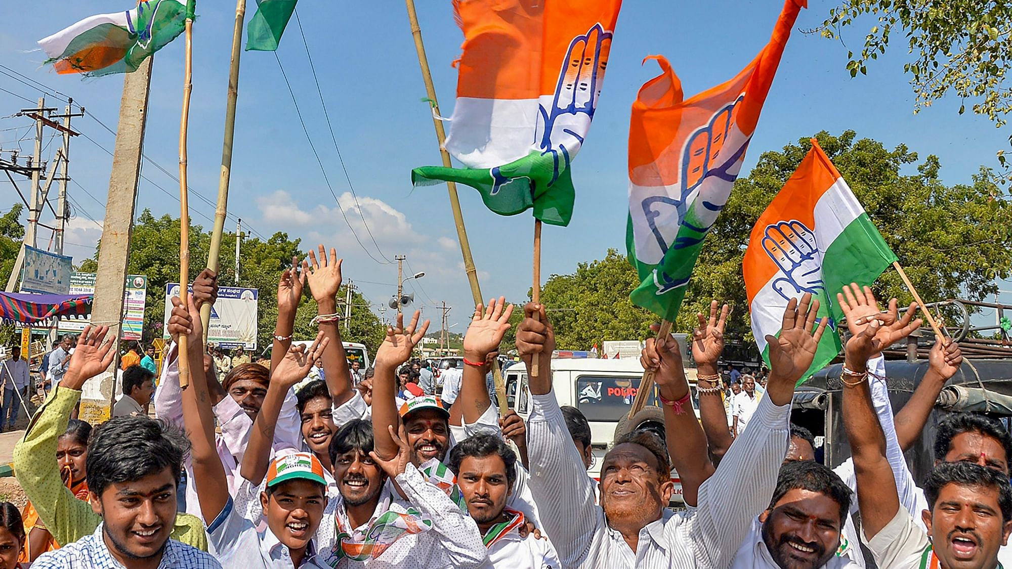 Congress supporters celebrate party candidate VS Ugrappa’s win.