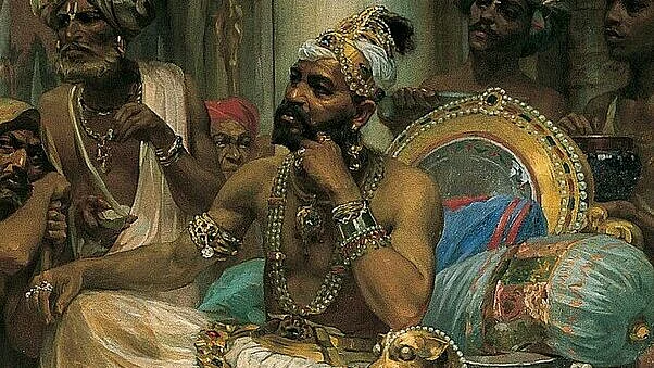 The Zamorin of Kozhikode (1495–1500) on his throne as painted by Veloso Salgado in 1898.
