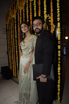 Mumbai: Actress Shilpa Shetty Kundra with her husband Raj Kundra during a Diwali party hosted by Ekta Kapoor at her residence in Juhu, Mumbai on Nov 6, 2018. (Photo: IANS)