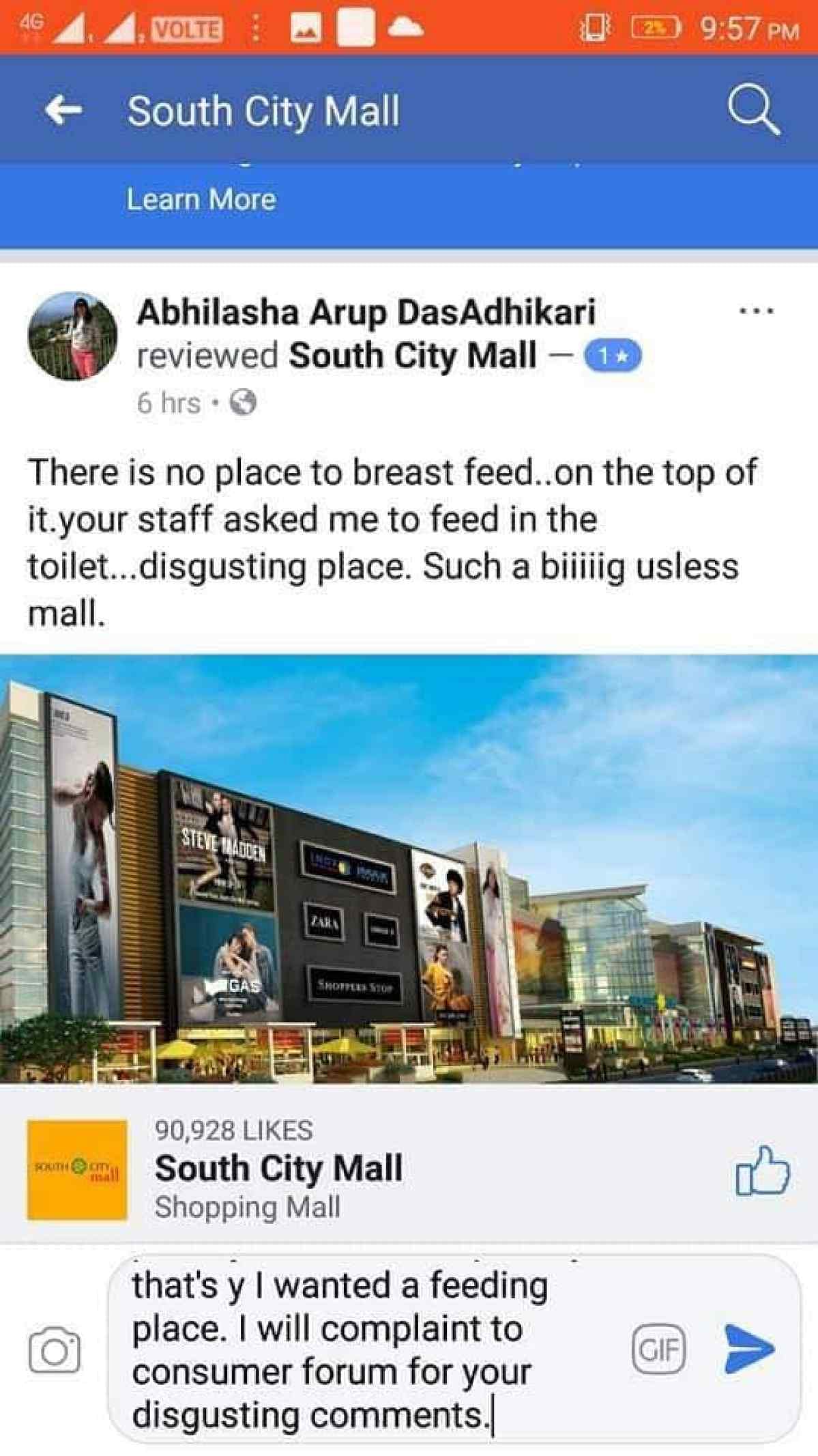 A Kolkata mall shamed a mother for breastfeeding her baby and  even told her not to bring such home chores to a mall