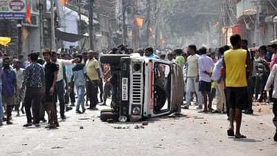 A police vehicle vandalised during a protest by women constables in Patna.