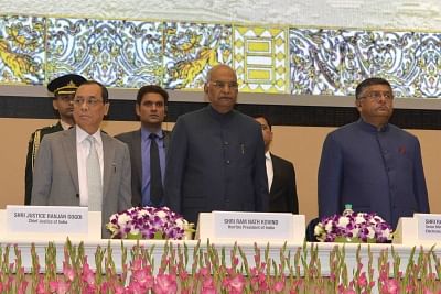 New Delhi: President Ram Nath Kovind, Chief Justice of India Justice Ranjan Gogoi and Union Law and Justice Minister Ravi Shankar Prasad during the inauguration of Constitution Day celebrations of the Supreme Court of India in New Delhi, on Nov 26, 2018. (Photo: IANS/RB)