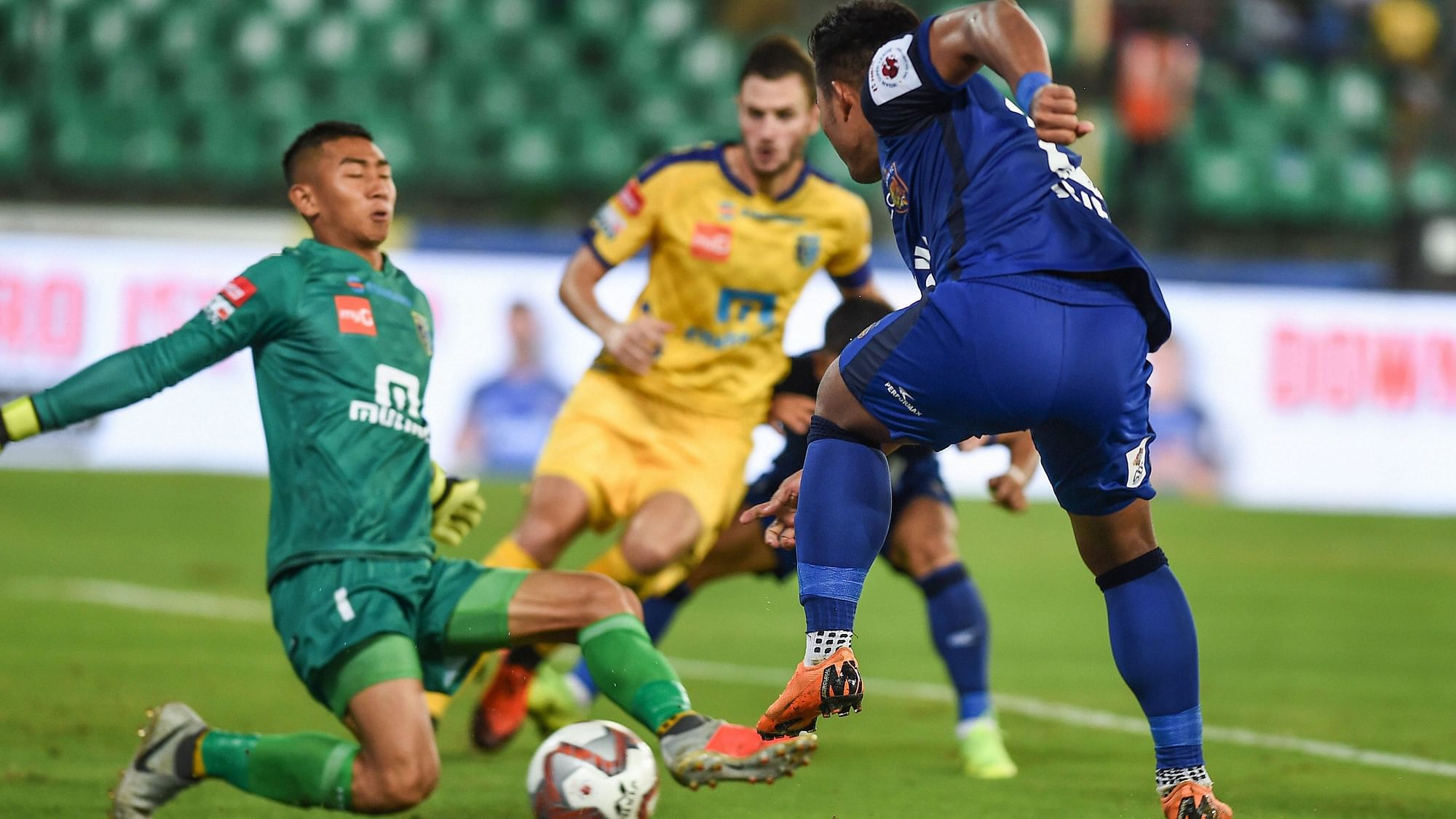 Chennaiyin FC (blue kit) played out a 0-0 draw with Kerala Blasters (yellow and green) in the Indian Super League.