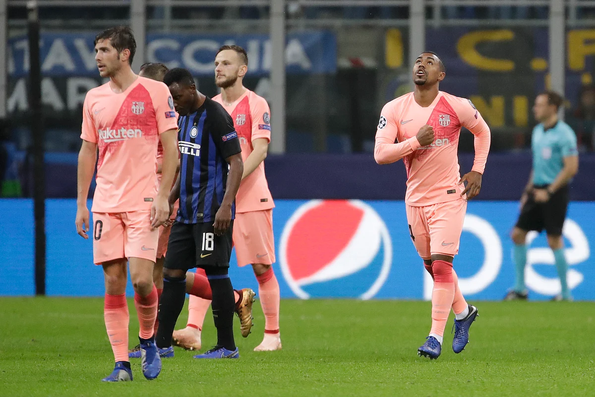 Malcom (right) celebrates after scoring Barcelona’s opening goal vs Inter Milan