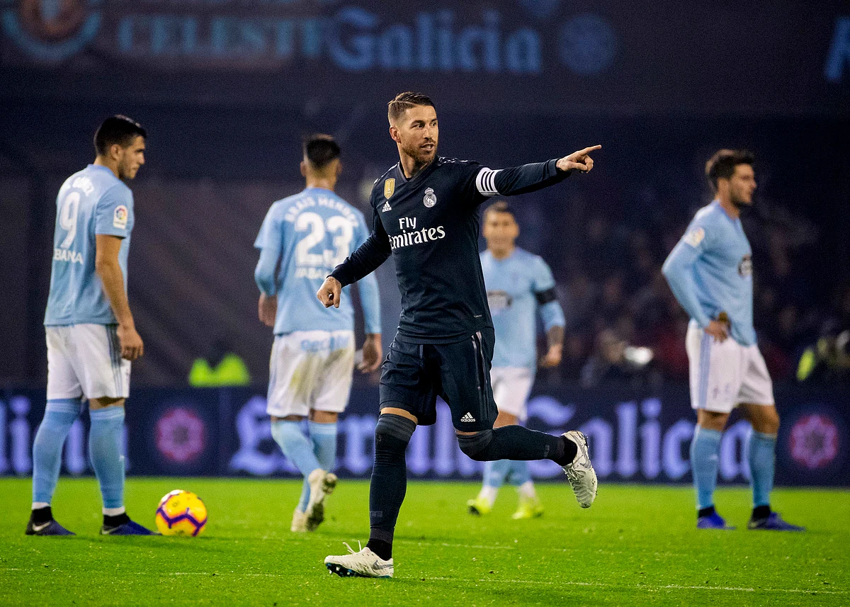 Sergio Ramos celebrates after scoring Real Madrid’s third goal against Celta Vigo