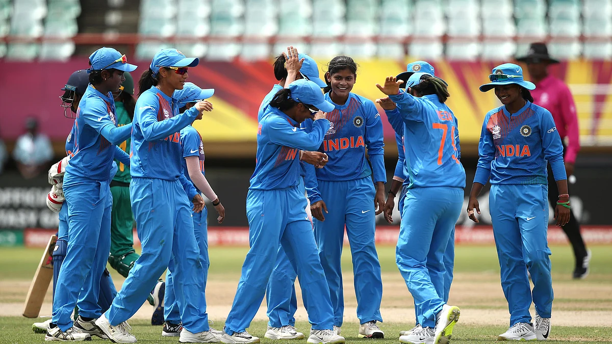 Women’s World T20: Indian players celebrate a wicket during their group stage match against Pakistan.