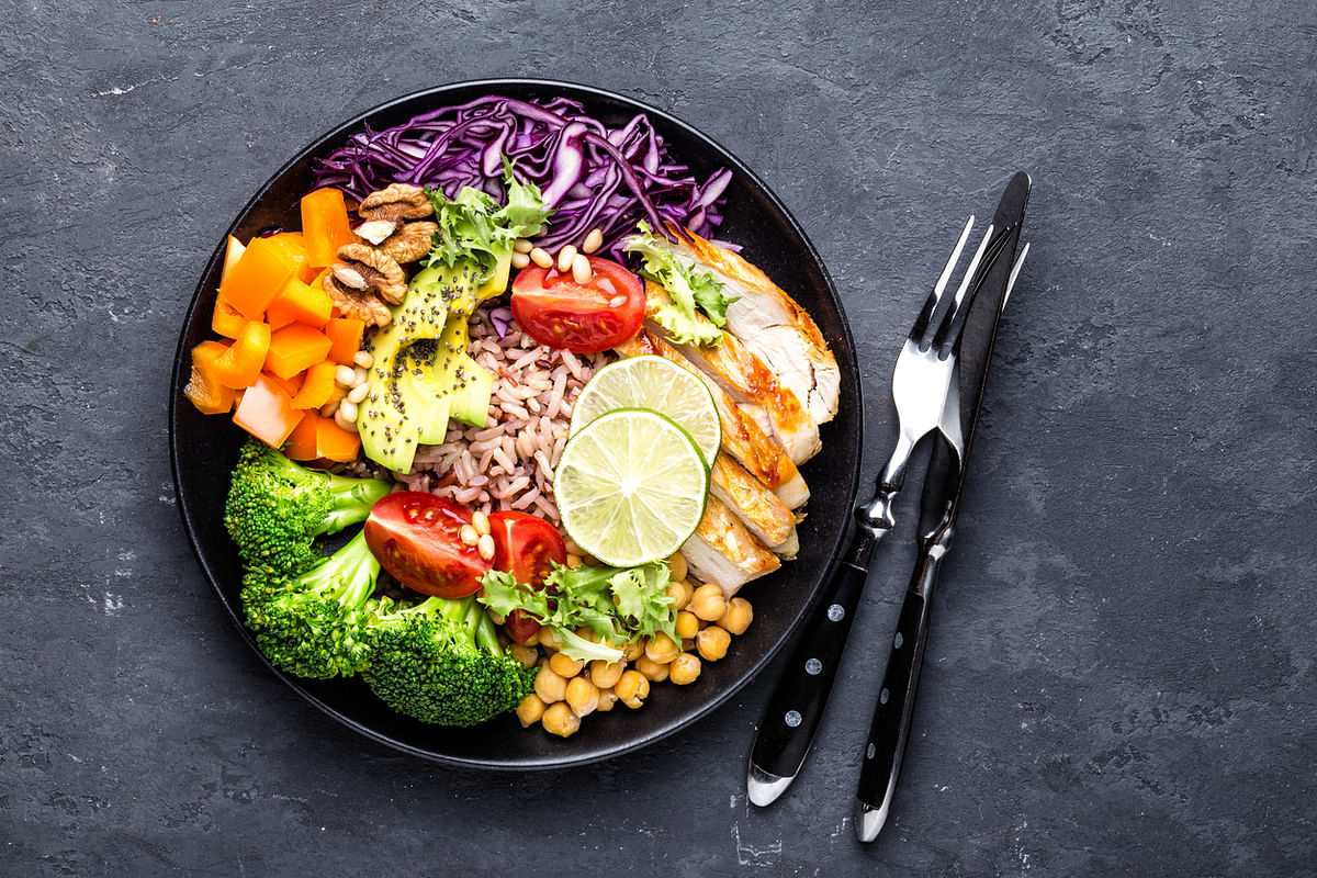 A Buddha Bowl combines just 6 things in a bowl – veggies, greens, grain, extras, protein and sauce.