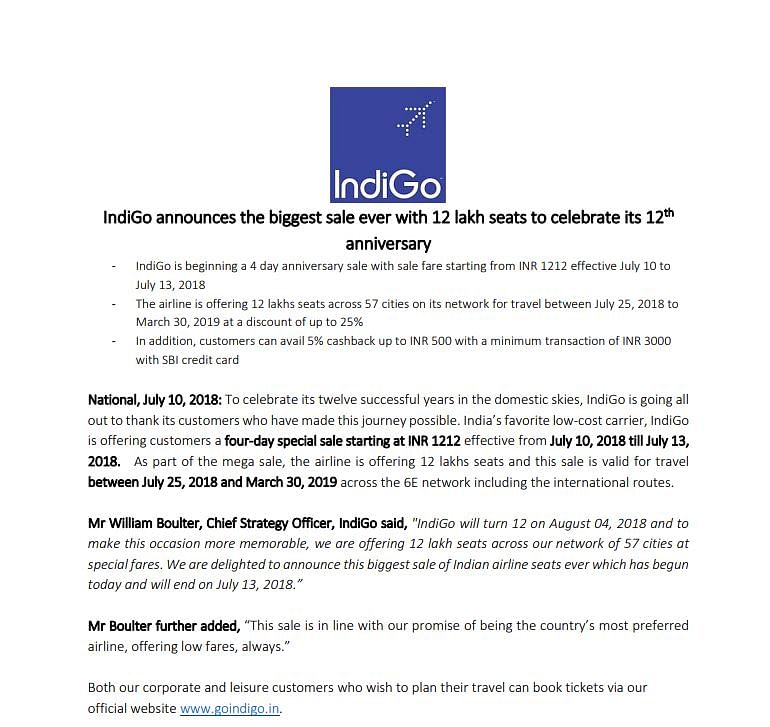 Message claiming IndiGo airlines is giving free air tickets to to celebrate their 12th anniversary is going viral.