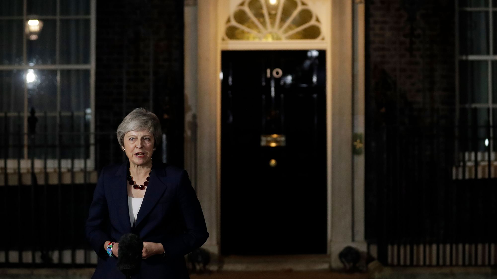 Britain’s Prime Minister Theresa May delivers a speech outside 10 Downing Street in London.
