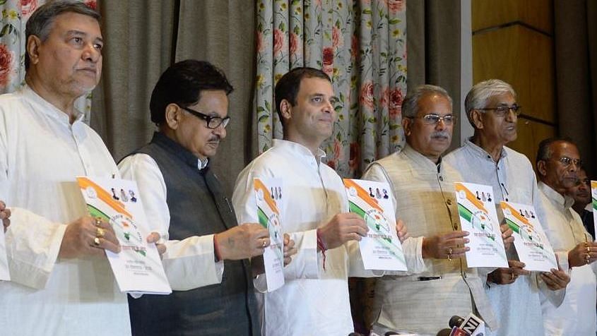Congress President Rahul Gandhi with other leaders releasing the party’s Chhattisgarh election manifesto