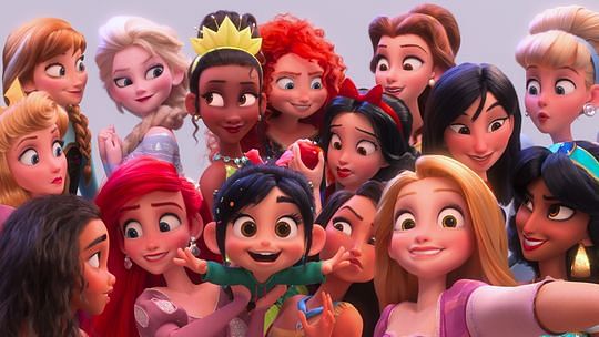 Vanellope finds herself amidst Disney princesses after breaking into their dressing room.