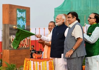 Varanasi: Prime Minister Narendra Modi inaugurates IndiaÃƒÂ¢Ã‚Â€Ã‚Â™s First Multi-Modal Terminal on river Ganga along with Uttar Pradesh Chief Minister Yogi Adityanath, Union Transport Minister Nitin Gadkari and UP BJP chief Mahendra Nath Pandey in Varanasi, on Nov 12, 2018. (Photo: IANS/PIB)