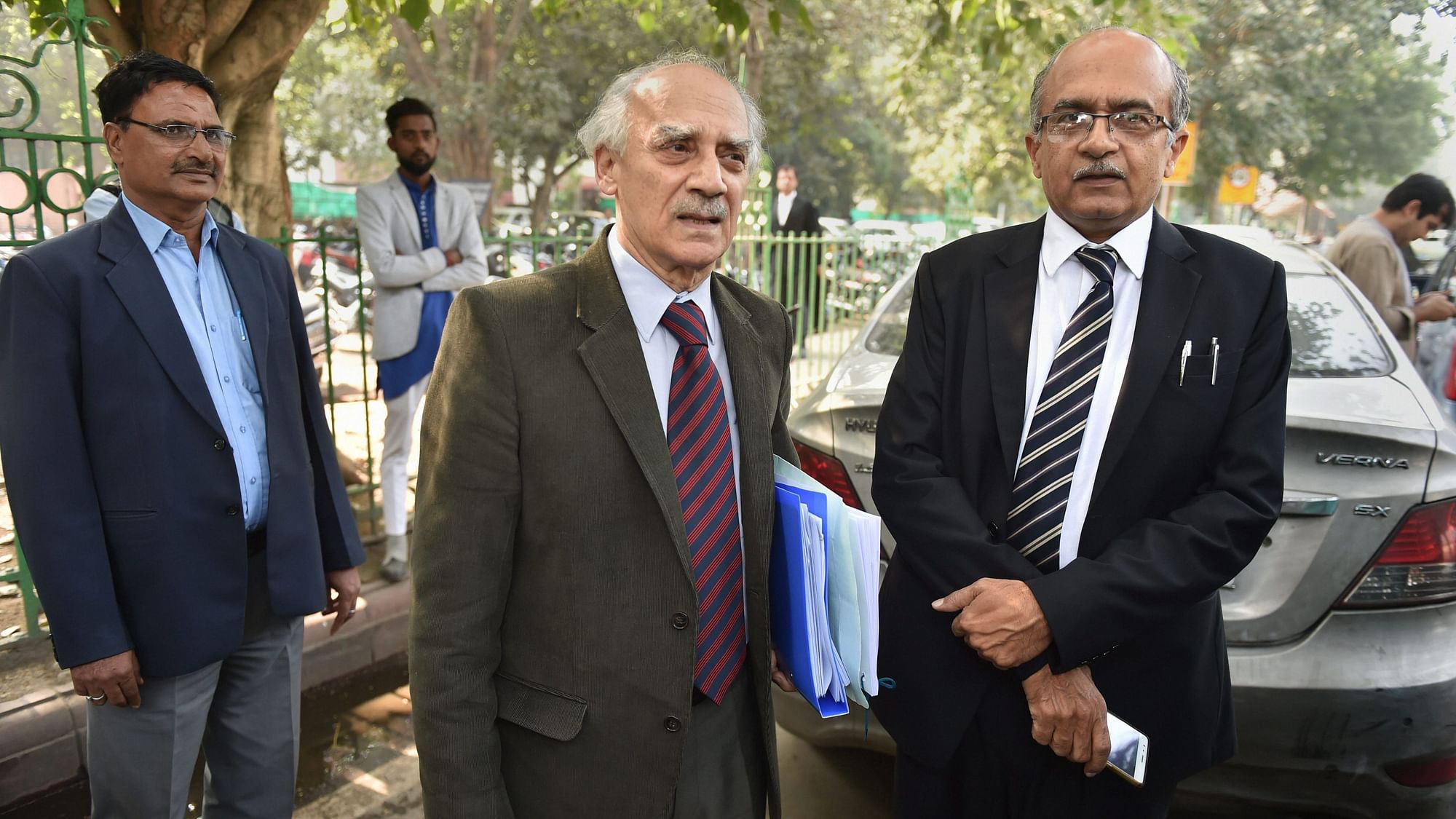 Senior lawyer Prashant Bhushan with former Union minister Arun Shourie at the Supreme Court during a hearing on the Rafale deal on Wednesday.