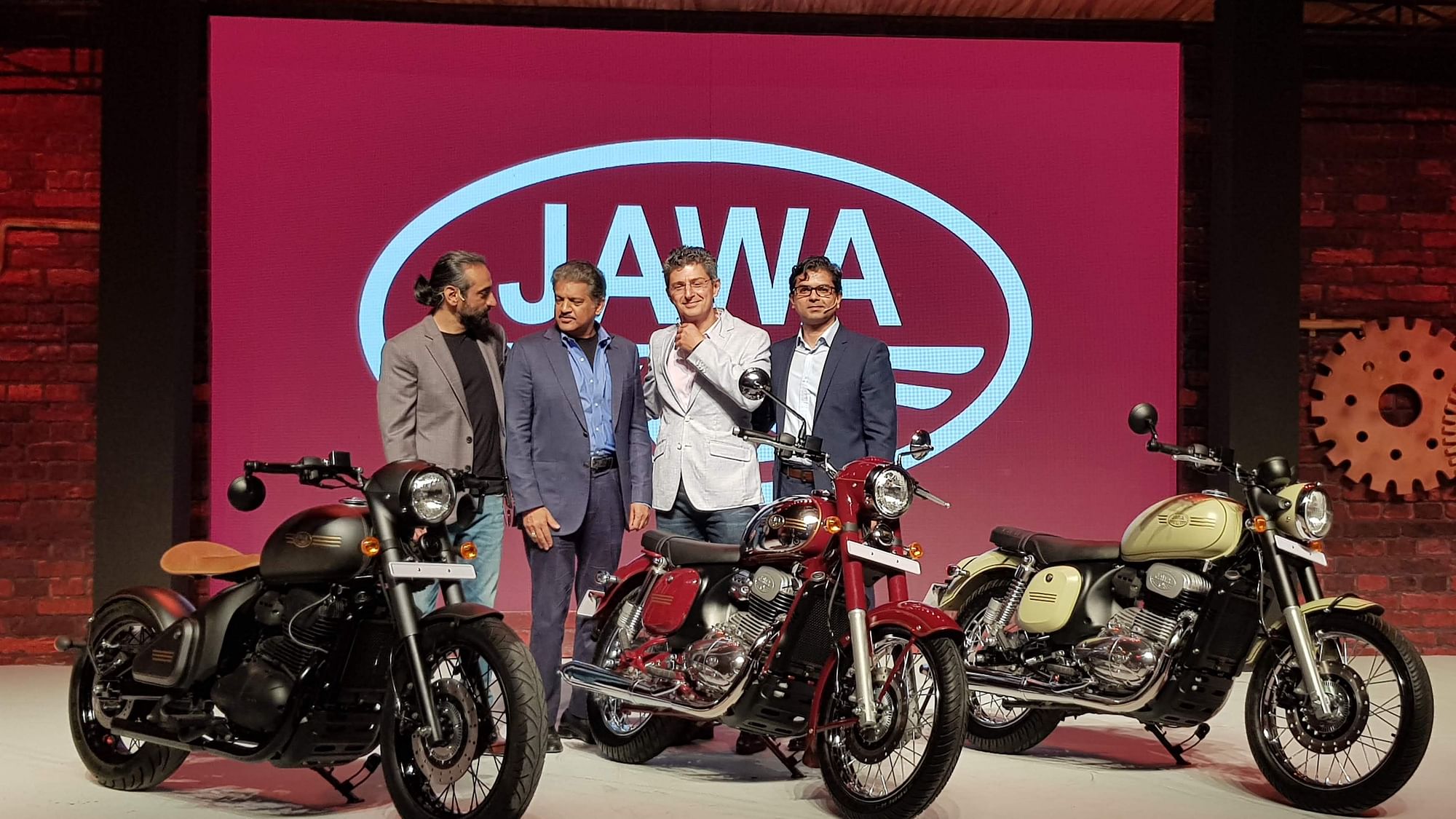 The three Jawa Motorcycles on stage at the launch.&nbsp;