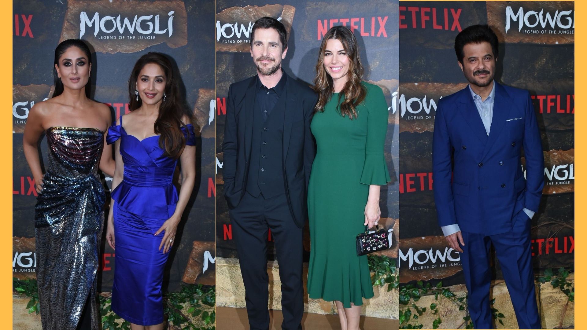 Kareena Kapoor, Madhuri Dixit, Christian Bale, Sibi Blazic and Anil Kapoor at the <i>Mowgli </i>premiere.