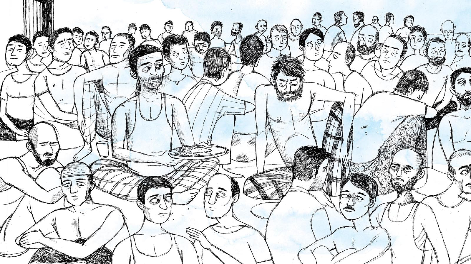 Caricature of a crowded detention centre.&nbsp;
