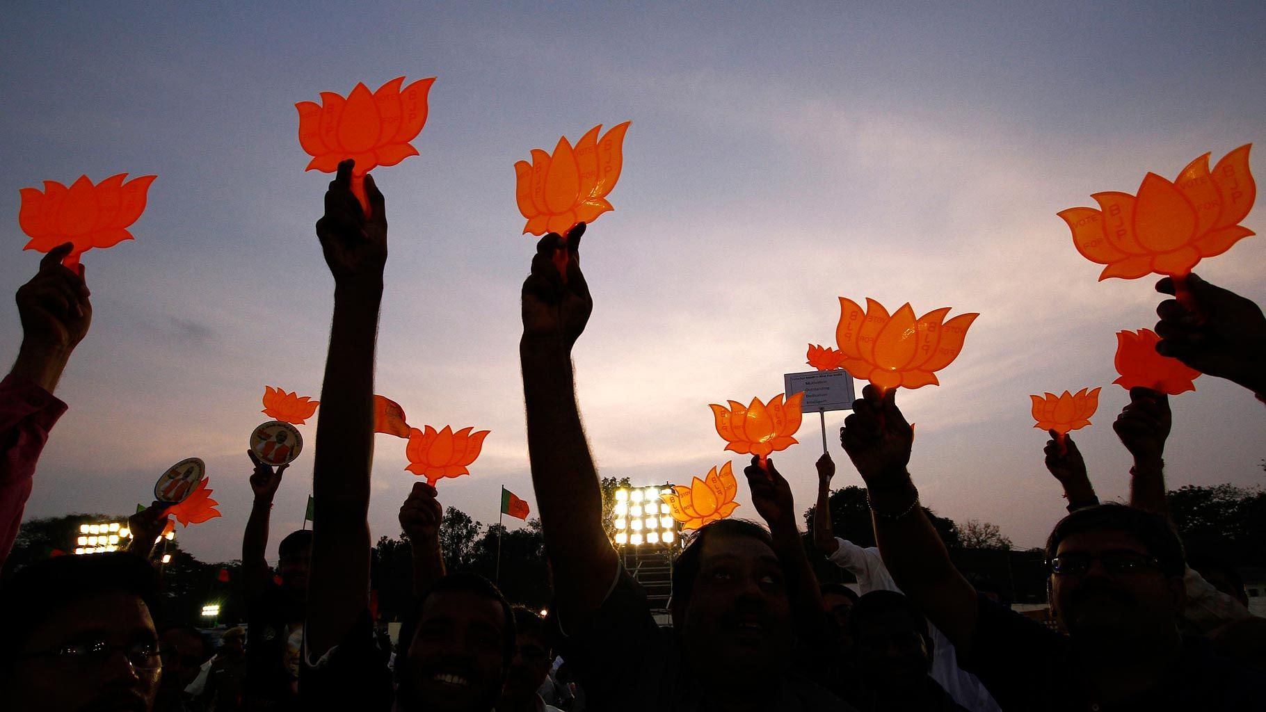 Members of the BJP hold up the party’s symbol at a rally in Chennai. Image used for representational purposes.&nbsp;