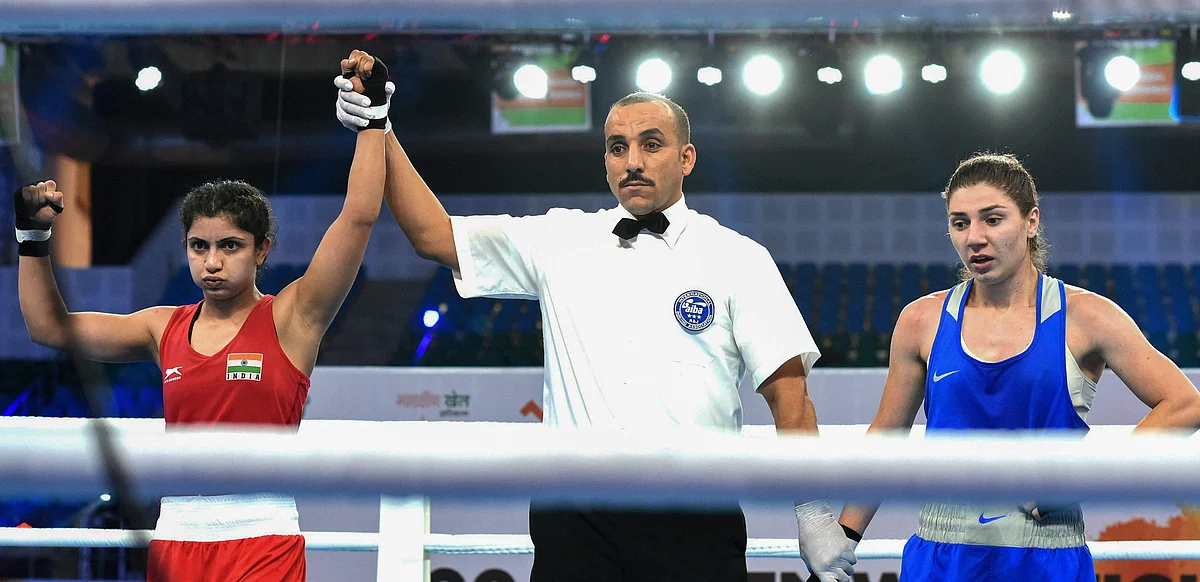 Pinki Rani is declared the winner after her bout at the World Boxing Championship.