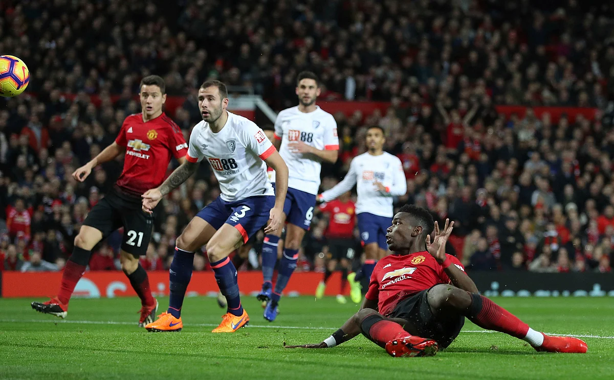 Manchester United’s Paul Pogba scores his side’s first goal of the game during the Premier League match at Old Trafford, Manchester. 