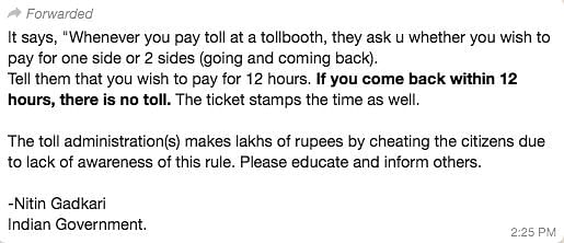 A viral message falsely claims that no toll fee will be charged if you return within 12 hours.